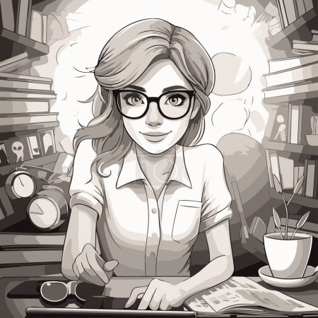 Téléchargez les illustrations : Illustration vectorielle d'une belle femme d'affaires travaillant à la machine à écrire. - en licence libre de droit