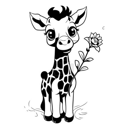 Téléchargez les illustrations : Illustration vectorielle noir et blanc d'une girafe avec une fleur - en licence libre de droit