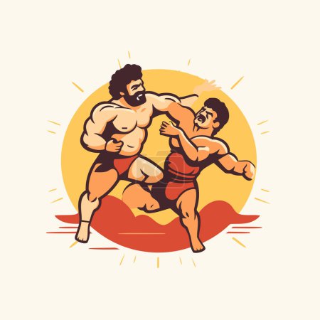 Ilustración de Lucha libre tribal. Dos hombres fuertes peleando. ilustración vectorial - Imagen libre de derechos
