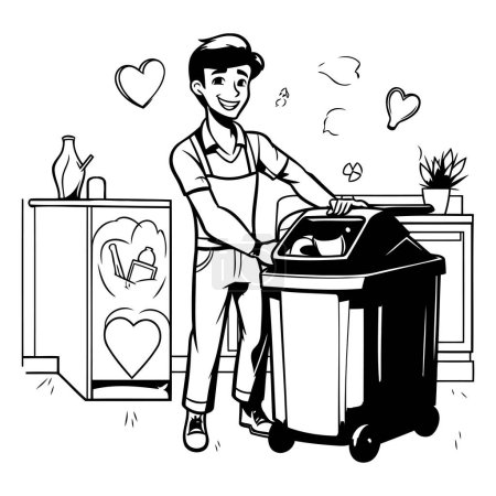 Téléchargez les illustrations : Illustration vectorielle d'un jeune homme avec une poubelle et un cœur - en licence libre de droit