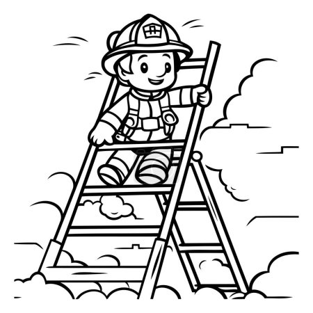 Ilustración de Ilustración de dibujos animados en blanco y negro de pequeño bombero o bombero escalando escalera para colorear libro - Imagen libre de derechos