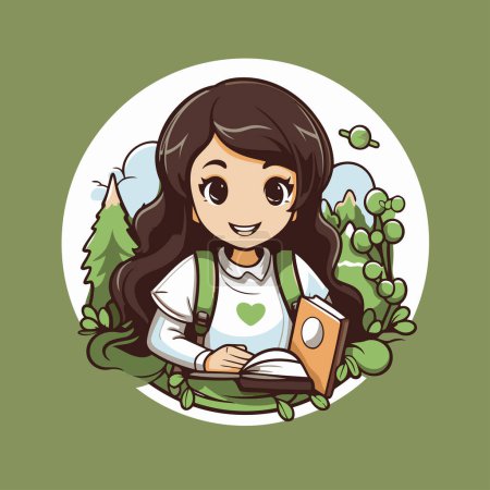 Illustration for Cute cartoon girl reading a book in the park. Vector illustration. - Royalty Free Image