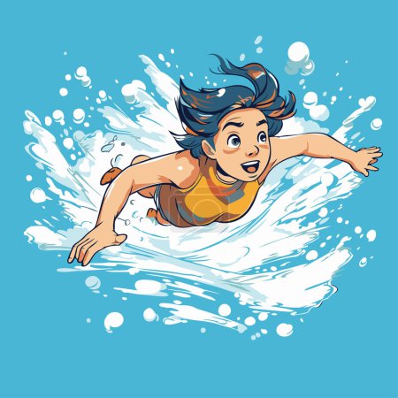 Illustration for Surfer girl in a splash of water. Vector cartoon illustration. - Royalty Free Image