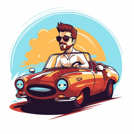 Téléchargez les illustrations : Hipster homme conduisant une voiture vintage sur la route. Illustration vectorielle - en licence libre de droit