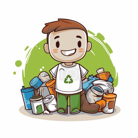 Illustration for Cartoon boy with garbage. Cleaning concept. Vector illustration. - Royalty Free Image