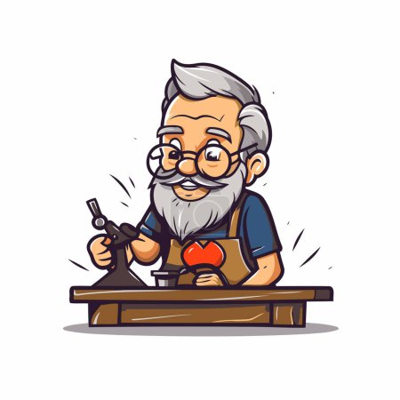 Illustration for Old man working with a microscope. Vector illustration in cartoon style. - Royalty Free Image