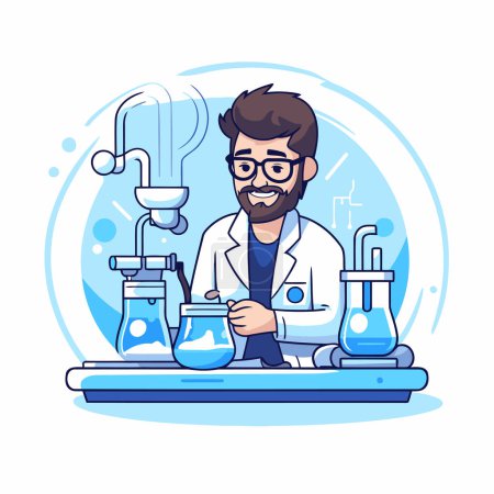 Illustration for Scientist in lab coat and glasses working in laboratory. Vector illustration - Royalty Free Image