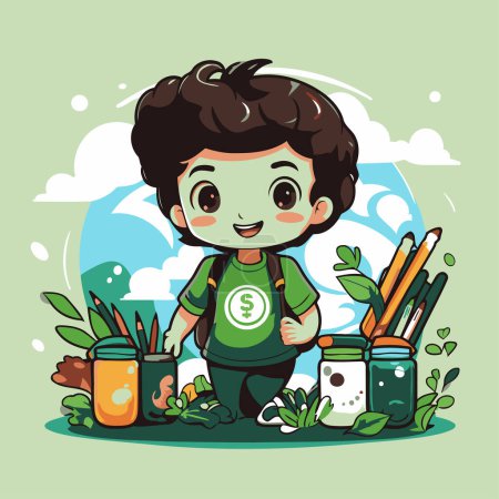Illustration for Boy with paintbrushes and paints in nature vector illustration graphic design - Royalty Free Image