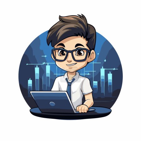 Illustration for Cute boy using laptop in the city. Vector cartoon illustration. - Royalty Free Image