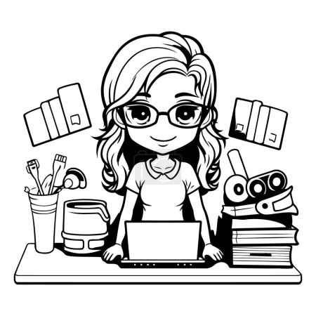 Téléchargez les illustrations : Illustration de bande dessinée en noir et blanc d'une étudiante avec ordinateur portable et livres pour livre à colorier - en licence libre de droit