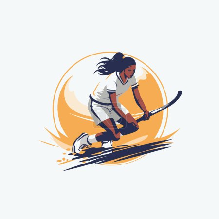 Illustration for Female hockey player with a stick and puck in the field. Vector illustration. - Royalty Free Image