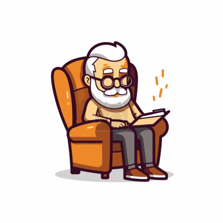 Téléchargez les illustrations : Grand-père assis dans le fauteuil et le livre de lecture. Illustration vectorielle. - en licence libre de droit
