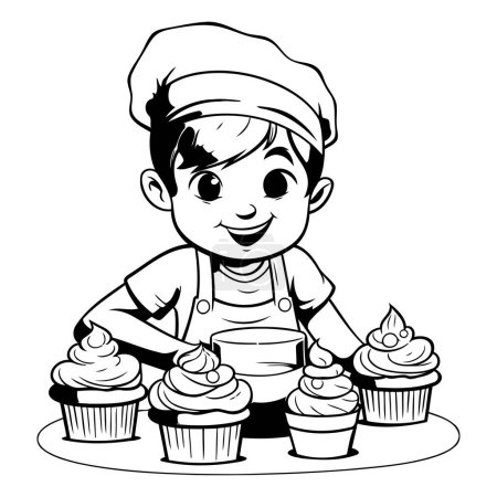 Illustration for Cute chef boy with cupcakes black and white vector illustration graphic design - Royalty Free Image