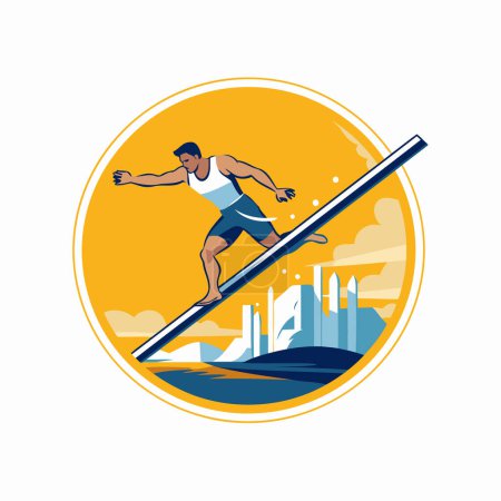 Illustration for Vector illustration of a male athlete running on a crossbar viewed from the side set inside circle on isolated background. - Royalty Free Image