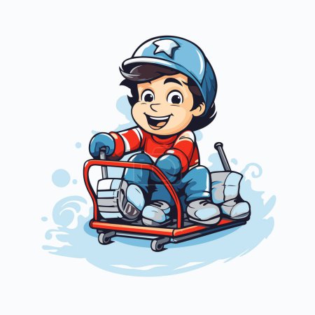 Illustration for Cute little boy riding a toy sled. Vector clip art illustration. - Royalty Free Image