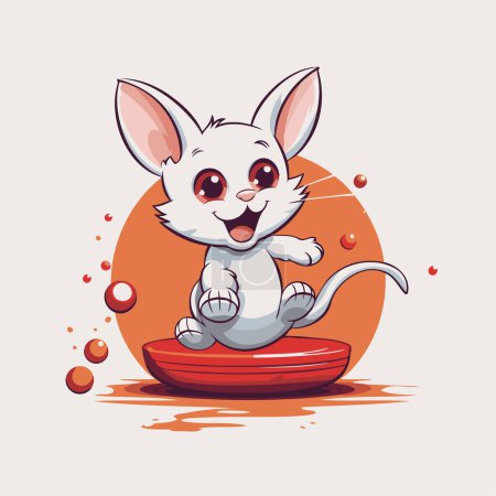 Téléchargez les illustrations : Mignonne souris dessin animé assise sur un bol rouge. Illustration vectorielle. - en licence libre de droit