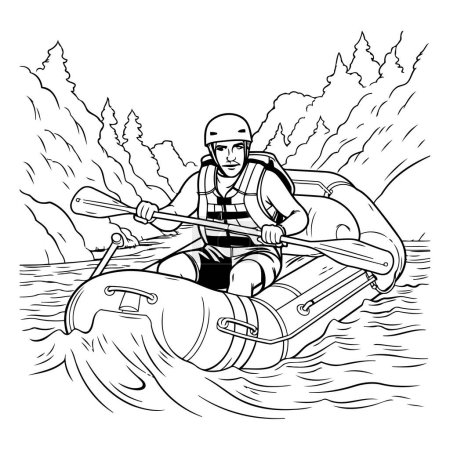 Ilustración de Hombre remando en un kayak. Ilustración vectorial en blanco y negro. - Imagen libre de derechos