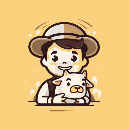 Téléchargez les illustrations : Illustration d'un garçon mignon portant un chapeau de cow-boy et tenant un chien - en licence libre de droit