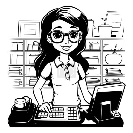 Ilustración de Una joven empresaria que trabaja en la oficina. Ilustración vectorial en blanco y negro. - Imagen libre de derechos