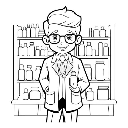Illustration for Pharmacist man cartoon in supermarket shelves vector illustration graphic design. - Royalty Free Image