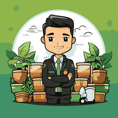 Téléchargez les illustrations : Homme d'affaires avec pot de plante. Illustration vectorielle d'un personnage de dessin animé. - en licence libre de droit