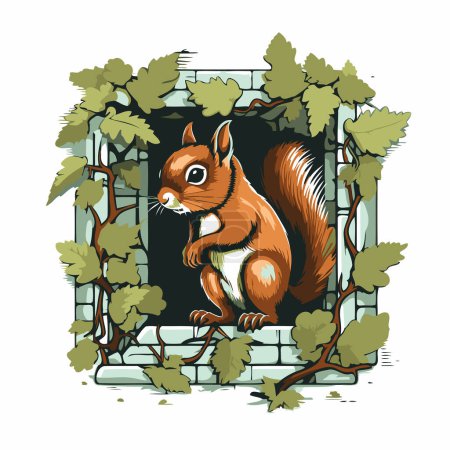 Téléchargez les illustrations : Écureuil par la fenêtre. Illustration vectorielle d'un animal sauvage. - en licence libre de droit