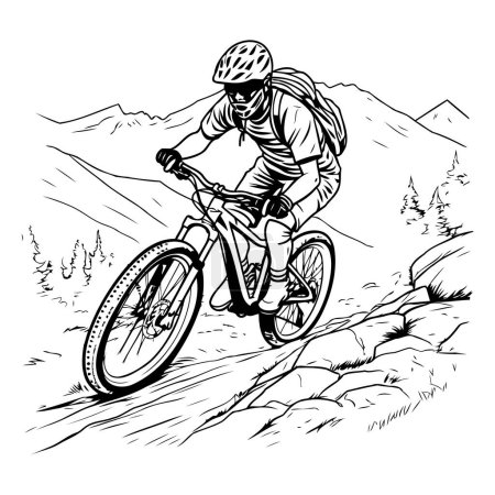 Illustration for Mountain biker on the road. black and white vector illustration - Royalty Free Image