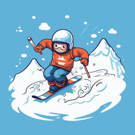 Téléchargez les illustrations : Snowboarder sur la montagne. Illustration vectorielle dans le style dessin animé. - en licence libre de droit