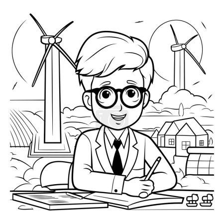Téléchargez les illustrations : Illustration de bande dessinée en noir et blanc d'un homme d'affaires ou d'un ingénieur devant des éoliennes pour un livre à colorier - en licence libre de droit