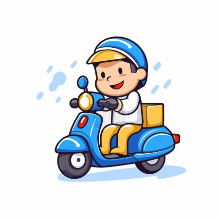 Illustration for Cartoon delivery man on scooter. Vector illustration isolated on white background. - Royalty Free Image