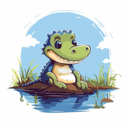 Téléchargez les illustrations : Mignon crocodile assis sur le rocher. Illustration vectorielle de dessin animé. - en licence libre de droit