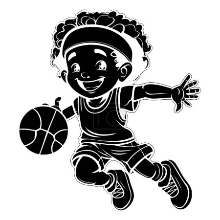 Illustration for Little boy playing basketball. black and white vector illustration isolated on white background. - Royalty Free Image