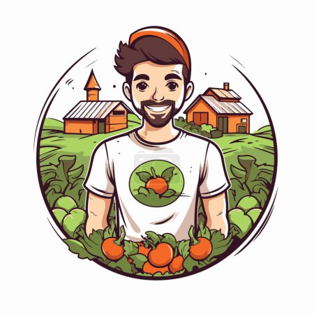 Téléchargez les illustrations : Agriculteur avec des carottes fraîches dans le jardin illustration vectorielle dessin animé conception graphique - en licence libre de droit
