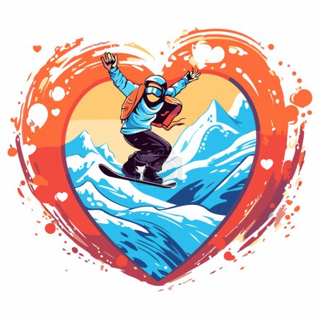 Snowboarder jumping in a heart-shaped frame. Vector illustration.