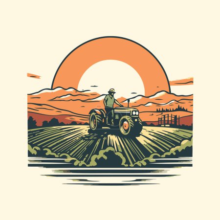 Illustration for Tractor with plow in the field. Vector illustration in retro style. - Royalty Free Image