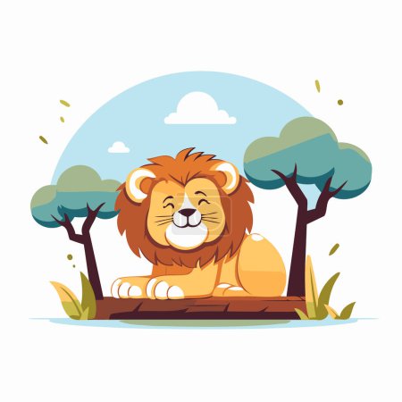 Illustration for Cute cartoon lion sitting on the log. Vector illustration in flat style. - Royalty Free Image