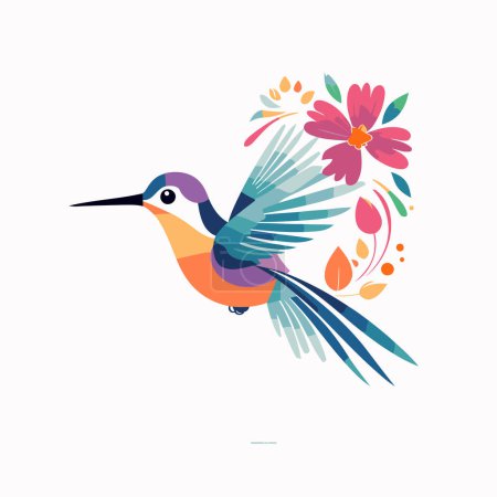 Téléchargez les illustrations : Colibri mignon avec fleur dans son bec. Illustration vectorielle. - en licence libre de droit