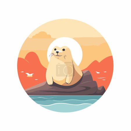 Illustration for Cute seal on the rock in the sea. Vector illustration. - Royalty Free Image
