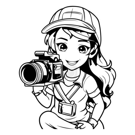 Illustration for Black and White Cartoon Illustration of Girl Photographer with Camera for Coloring Book - Royalty Free Image