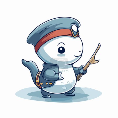Téléchargez les illustrations : Bonhomme de neige dans une casquette avec une lance à la main sur un fond blanc - en licence libre de droit