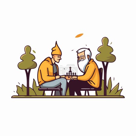 Téléchargez les illustrations : Deux hommes jouant aux échecs dans le parc. Illustration vectorielle dans le style dessin animé - en licence libre de droit