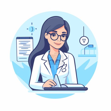 Téléchargez les illustrations : Illustration vectorielle d'une femme médecin en blouse médicale et lunettes assises à une table dans le bureau. - en licence libre de droit
