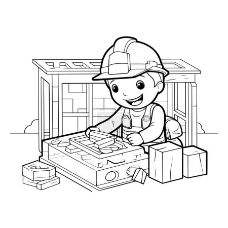 Illustration for Cartoon construction worker with brick. Vector illustration for coloring book. - Royalty Free Image