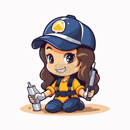 Téléchargez les illustrations : Illustration vectorielle d'une jolie fille de bande dessinée dans une casquette de police avec un pistolet - en licence libre de droit