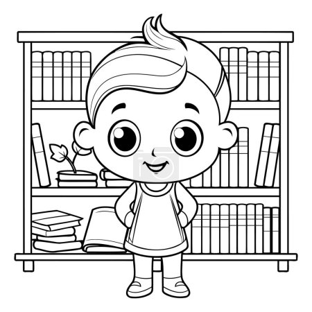Téléchargez les illustrations : Mignon petit garçon dessin animé dans la bibliothèque. Illustration vectorielle noir et blanc. - en licence libre de droit