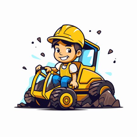 Téléchargez les illustrations : Caricature d'un garçon conduisant un tracteur. Illustration vectorielle. - en licence libre de droit