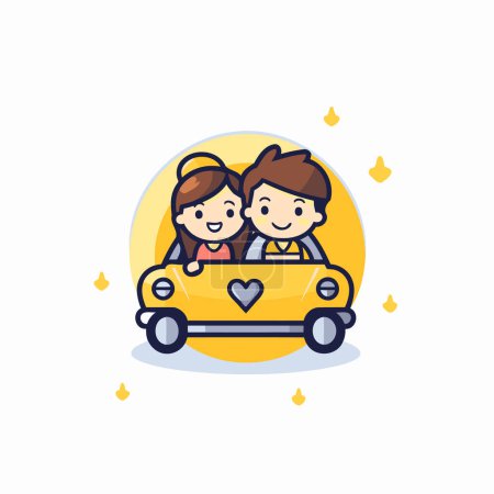Téléchargez les illustrations : Couple amoureux d'une voiture jaune. Illustration vectorielle plate. - en licence libre de droit