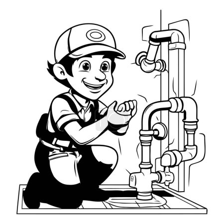Illustration for Plumber at work. Black and white vector illustration for coloring book. - Royalty Free Image