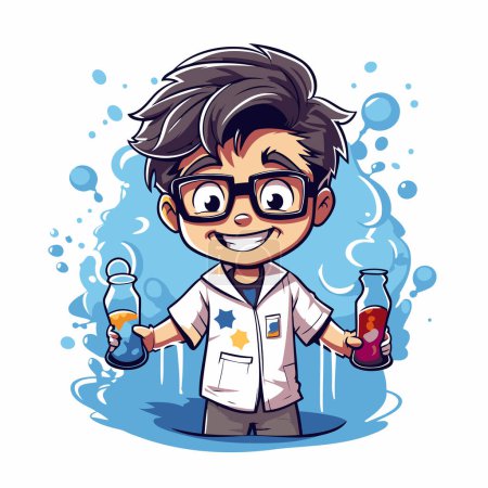 Illustration for Scientist boy cartoon character with flask and test tube vector illustration graphic design - Royalty Free Image