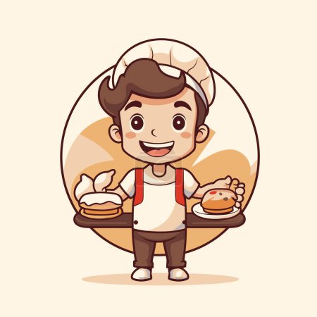 Ilustración de Muchacho panadero de dibujos animados con pan y bollos. Ilustración vectorial. - Imagen libre de derechos
